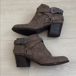 Indigo Rd. Brown Ankle Booties with Suede Finish and Slip-On Design